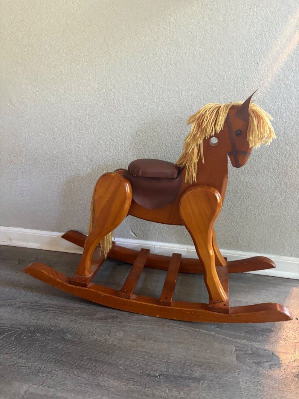 Handcrafted Wooden Rocking Horse With Yarn Mane & Padded Seat - Classic Kids Toy